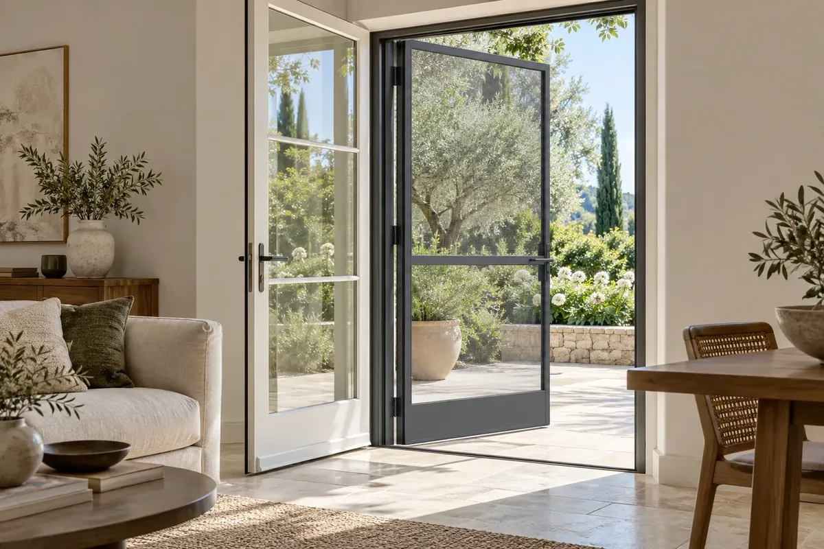 Porte moustiquaire battante sur mesure ouvrant sur une terrasse