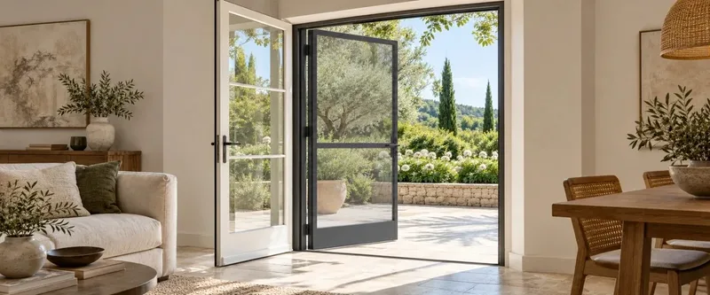 Porte moustiquaire battante dans une habitation