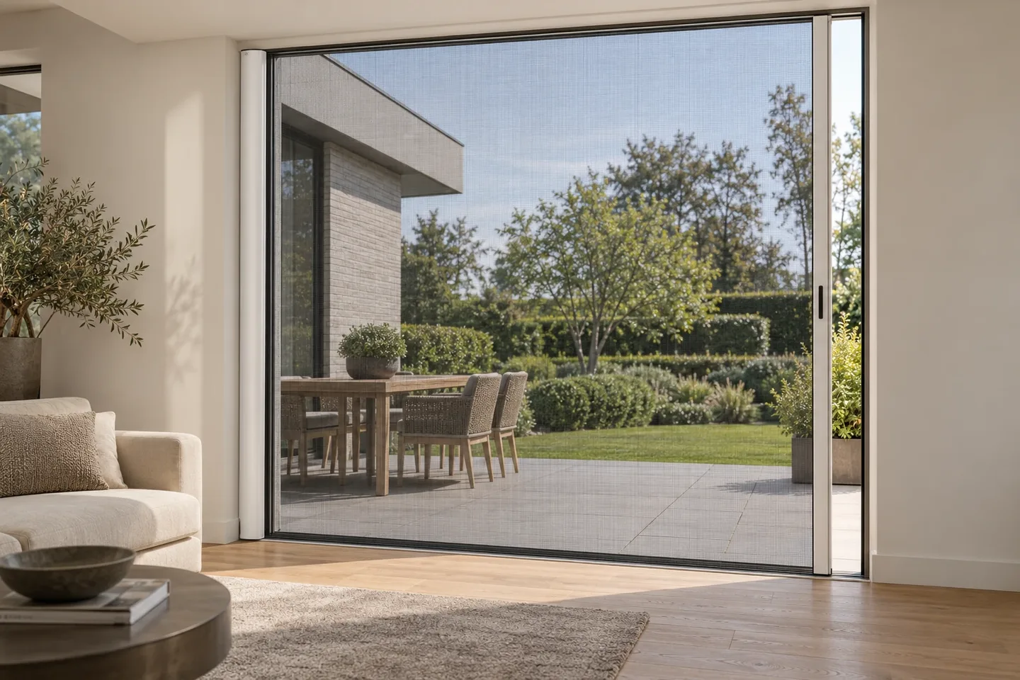 Porte enroulable dans un séjour contemporain — illustration d’ambiance